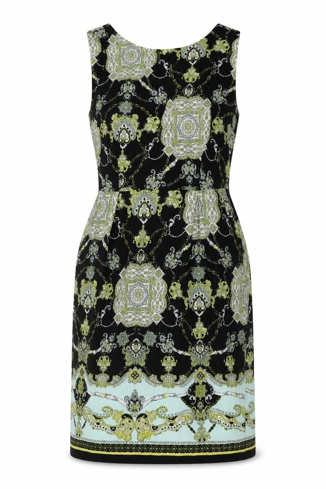 Front view of Dorothy Perkins women’s multicoloured geometric polyester sheath, size UK 14, round neck zip