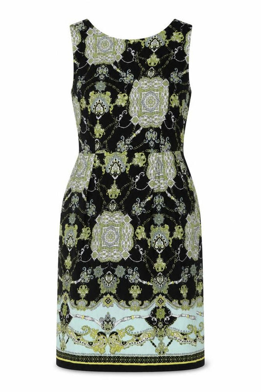 Front view of Dorothy Perkins women’s multicoloured geometric polyester sheath, size UK 14, round neck zip