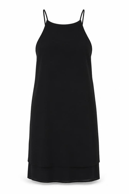 Front view of Monteau women’s black polyester tank dress, size S, round neck pullover