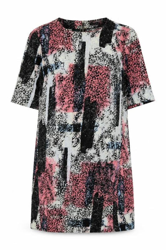 Front view of Warehouse women’s multicoloured geometric polyester a-line, size UK 10, round neck zip