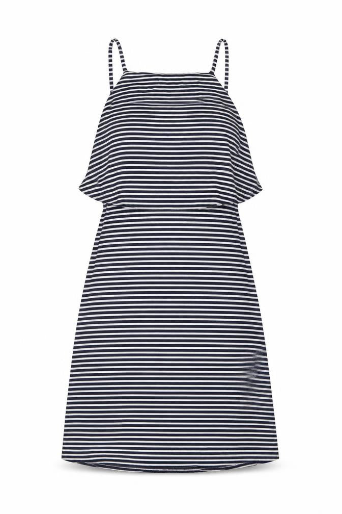 Front view of Miss Selfridge women’s blue striped viscose a-line, size UK 10, square neck pullover