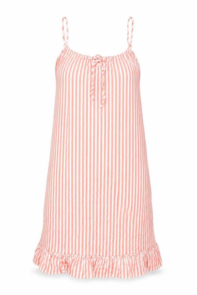 Front view of Marks & Spencer women’s orange striped polyester tank dress, size UK 12, round neck pullover