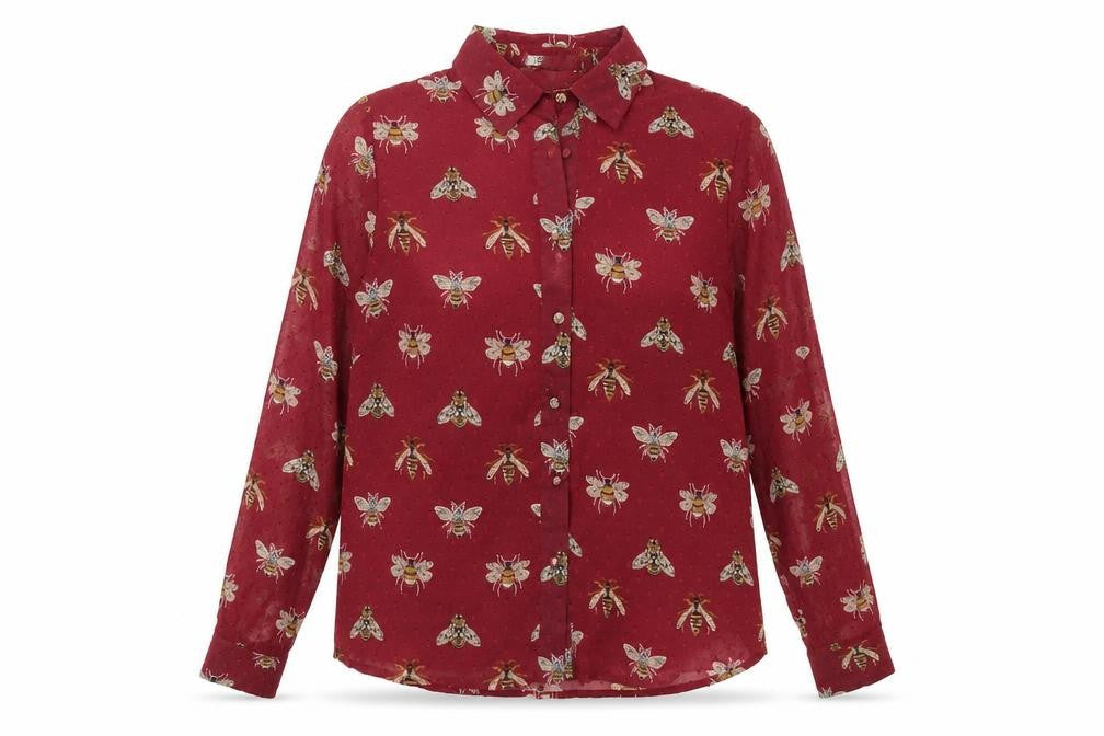 Front view of Daphnea women’s red geometric polyester basic button-up, size M, collared
