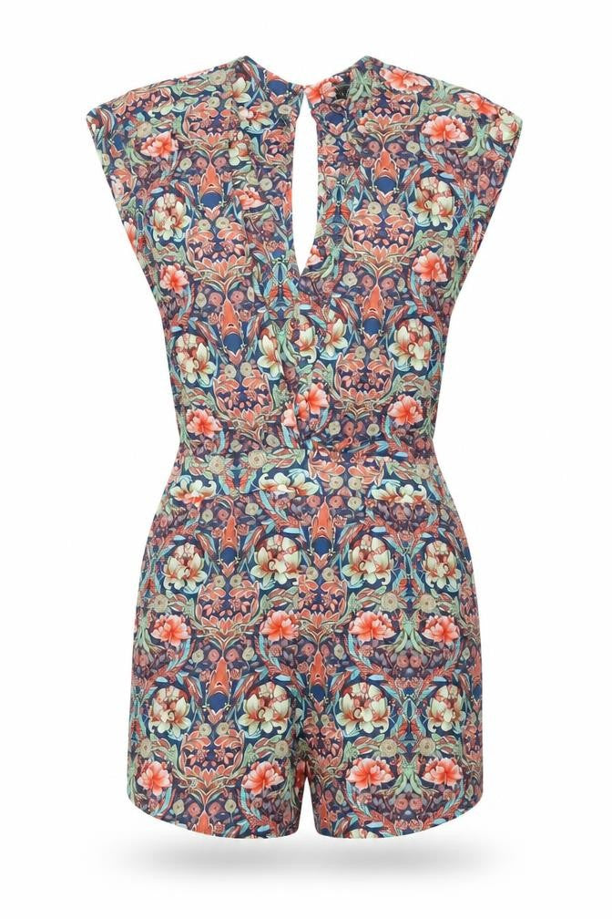 Front view of Warehouse women’s multicoloured floral viscose playsuit one-piece, size UK 6, button