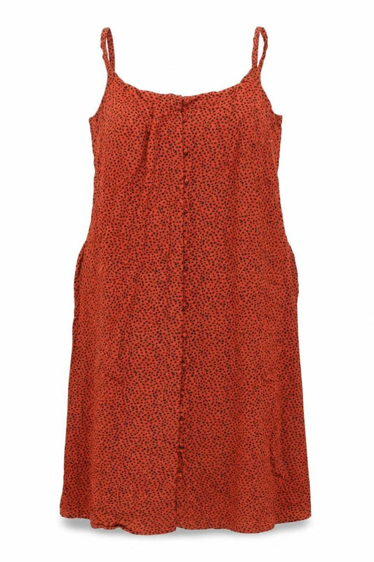 Front view of Next women’s gold striped viscose a-line, size UK 18, square neck button