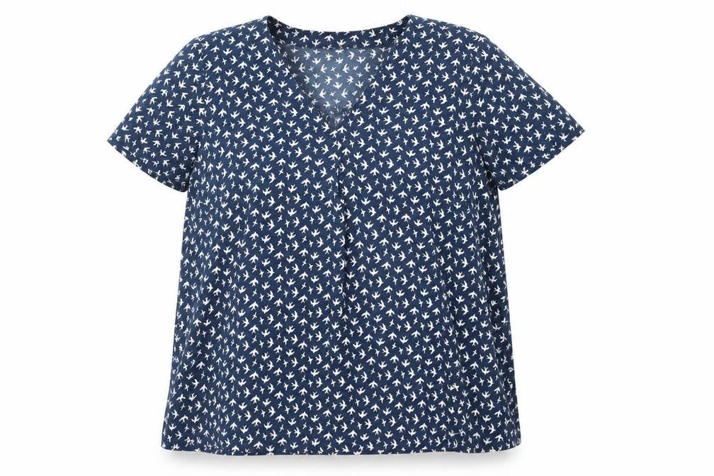 Front view of H&M women’s blue geometric polyester basic blouse, size UK 18, v-neck