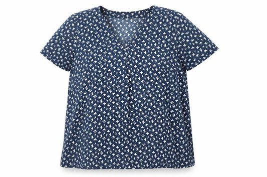 Front view of H&M women’s blue geometric polyester basic blouse, size UK 18, v-neck