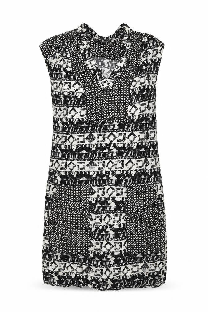 Front view of Next women’s black geometric viscose tank dress, size UK 6, v-neck pullover