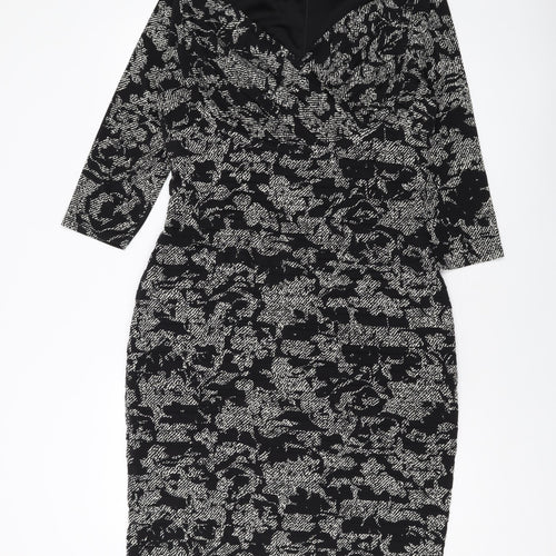 cc Womens Black Geometric Polyester Bodycon Size 14 V-Neck Zip