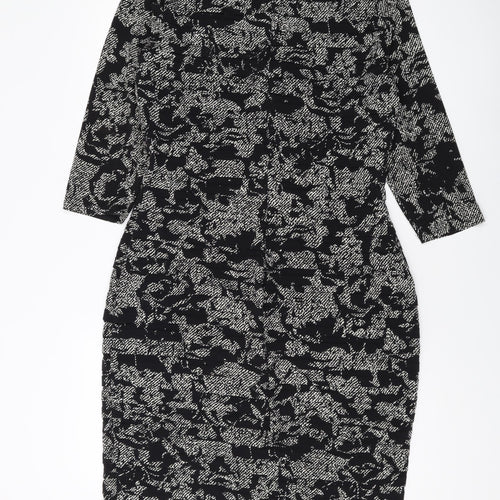 cc Womens Black Geometric Polyester Bodycon Size 14 V-Neck Zip