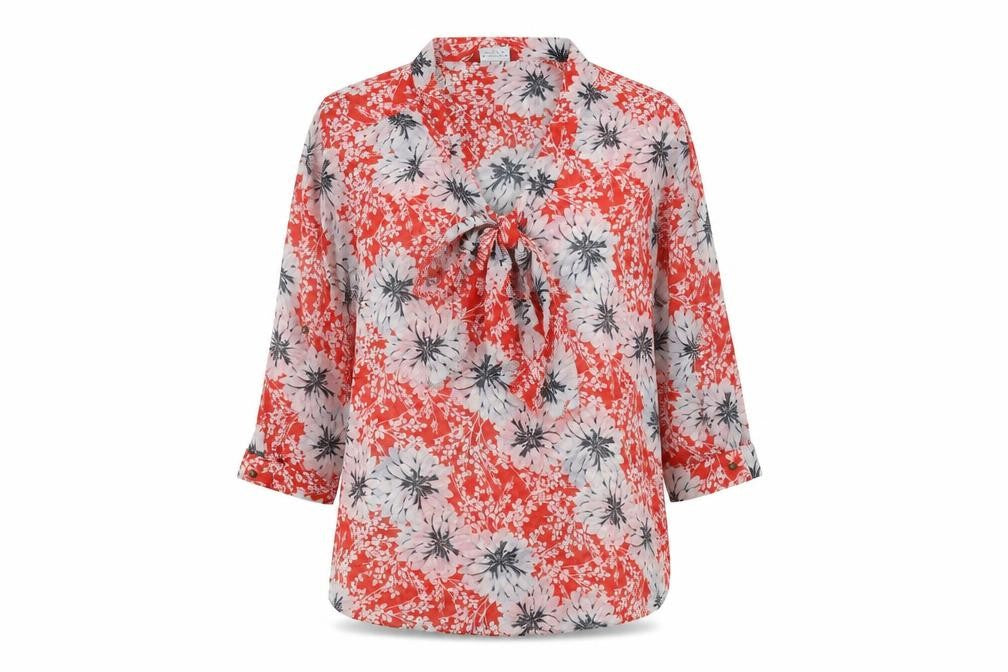 Front view of Dorothy Perkins women’s red floral polyester basic blouse, size UK 14, v-neck