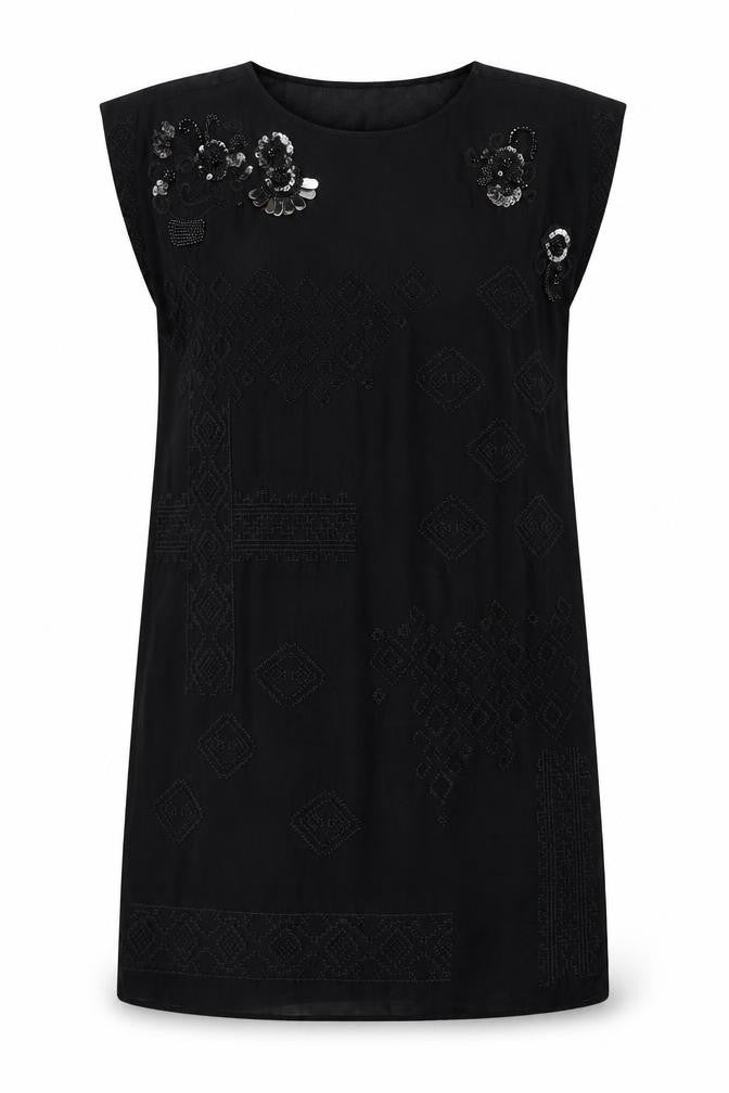 Front view of Marks & Spencer women’s black polyester tank dress, size UK 12, round neck pullover