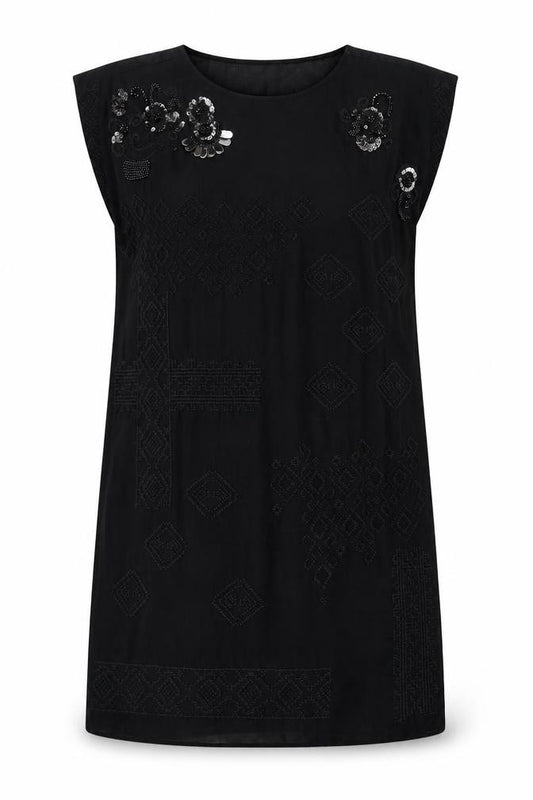 Front view of Marks & Spencer women’s black polyester tank dress, size UK 12, round neck pullover
