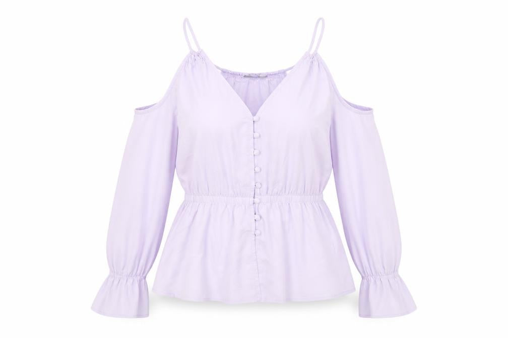 Front view of Asoso women’s purple polyester basic blouse, size UK 12, v-neck
