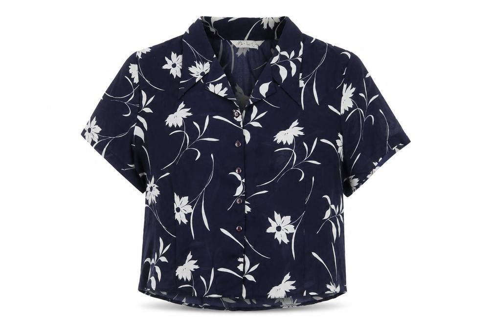 Front view of Berkertex women’s blue geometric polyester basic button-up, size UK 24, collared