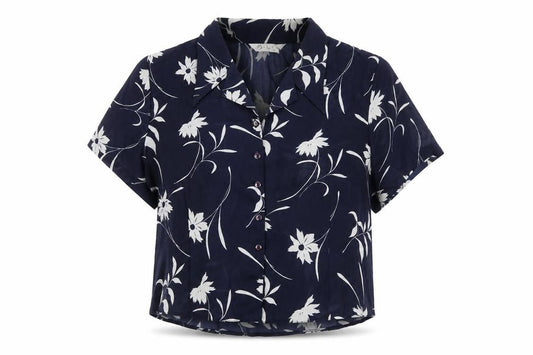 Front view of Berkertex women’s blue geometric polyester basic button-up, size UK 24, collared