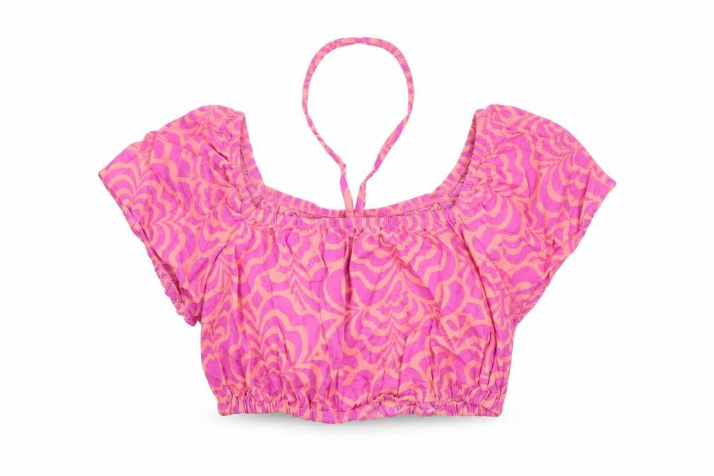 Zara Girls Pink Geometric Cotton Cropped Blouse Size 10 Years Round Neck Pullover