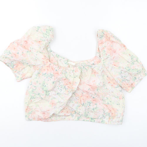 H&KM Womens Multicoloured Floral Cotton Cropped Blouse Size M Square Neck