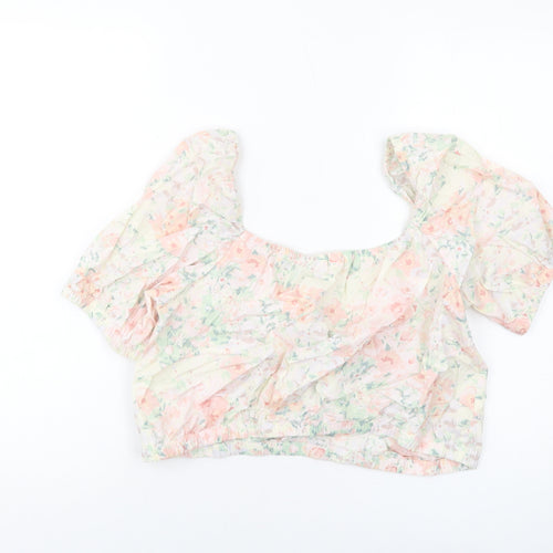 H&KM Womens Multicoloured Floral Cotton Cropped Blouse Size M Square Neck