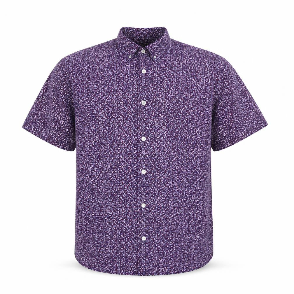 Front view of Fluid men’s purple floral cotton button-up, size M, collared button