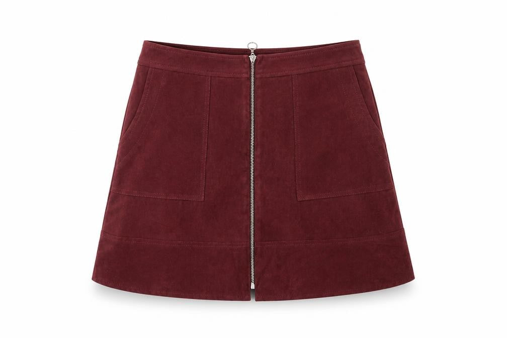 Front view of Select women’s red polyester mini skirt, size UK 6, zip