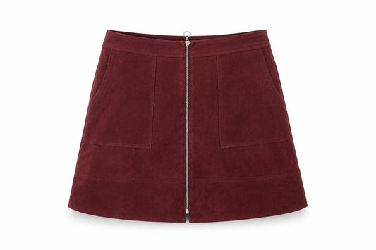 Front view of Select women’s red polyester mini skirt, size UK 6, zip