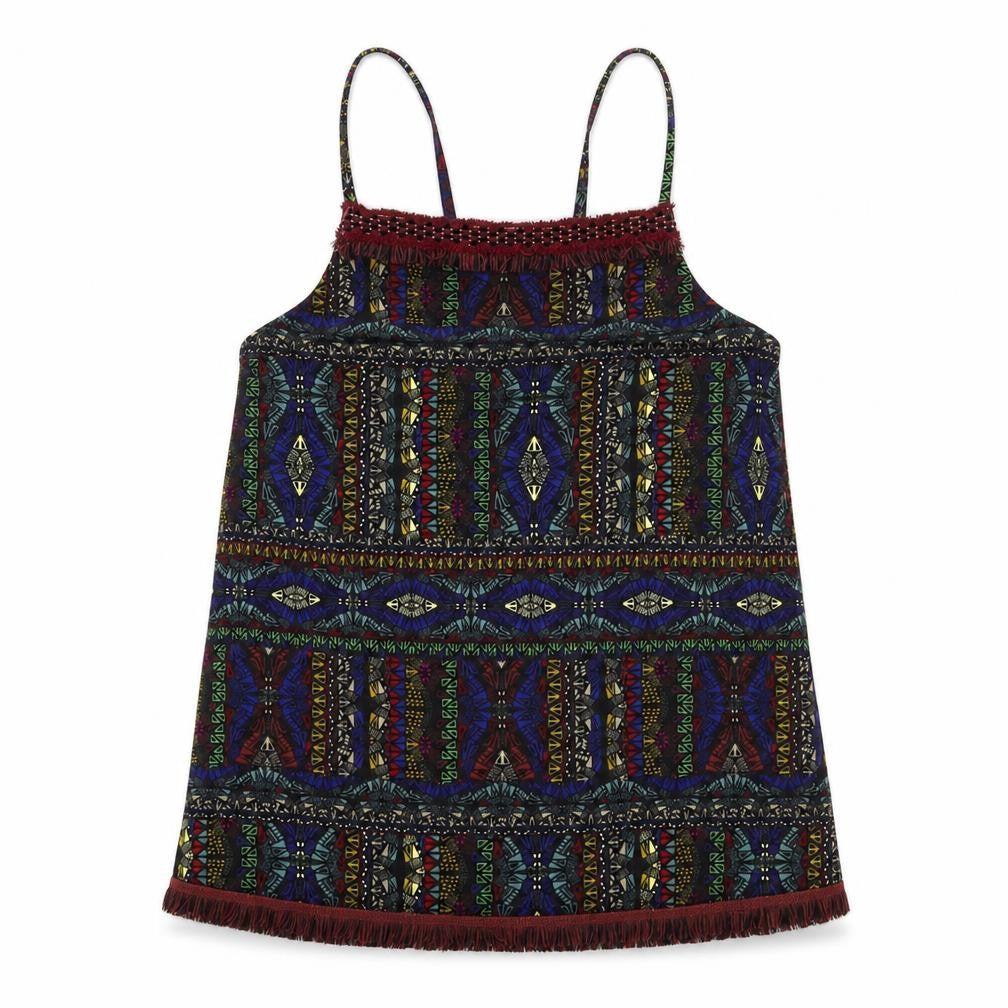 Front view of Next women’s multicoloured geometric polyester basic tank, size UK 8, square neck