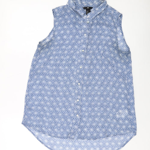 H&M Womens Blue Geometric Polyester Basic Blouse Size 8 Collared