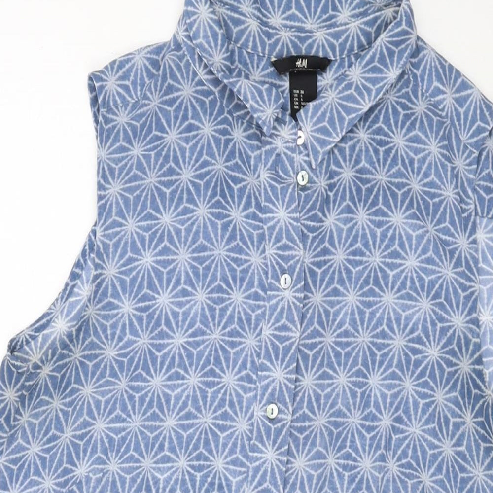 H&M Womens Blue Geometric Polyester Basic Blouse Size 8 Collared