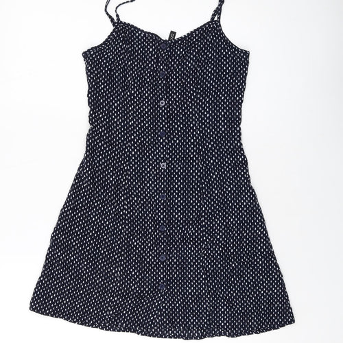 H&M Womens Blue Geometric Viscose Mini Size 8 Round Neck Button