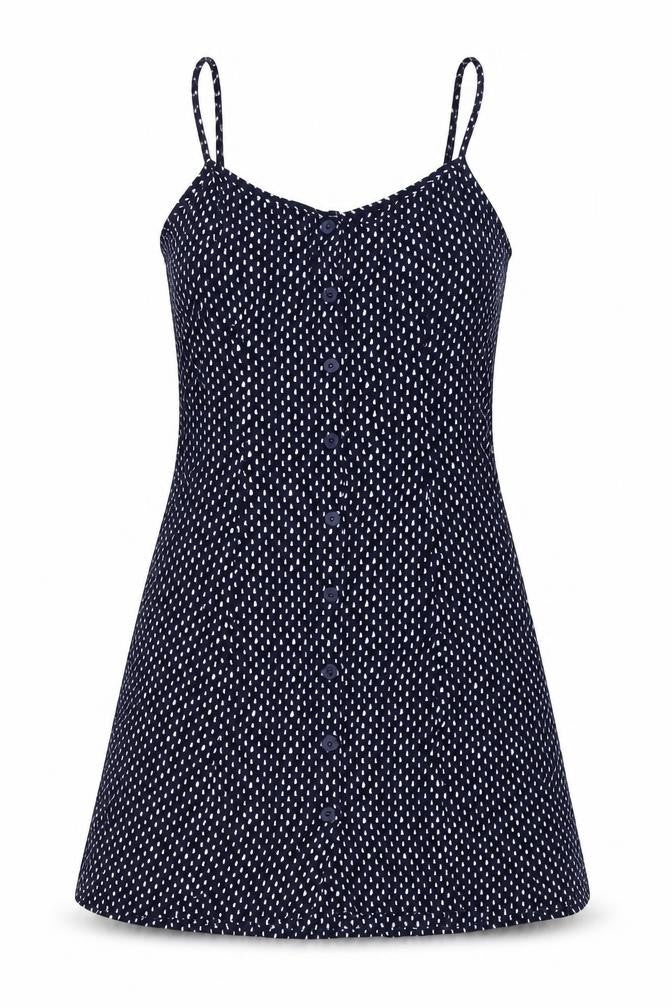 Front view of H&M women’s blue geometric viscose mini, size UK 8, round neck button