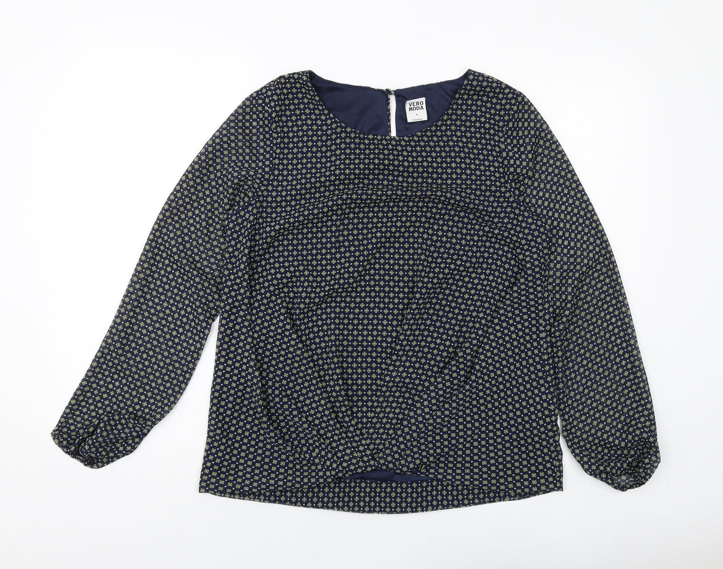 VERO MODA Womens Blue Geometric Polyester Basic Blouse Size M Round Neck