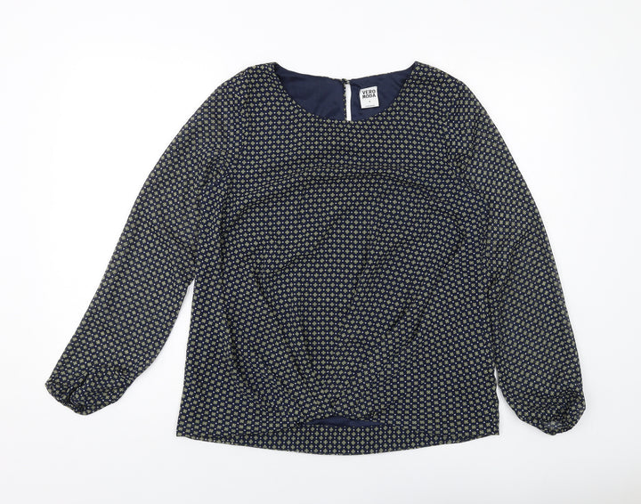 VERO MODA Womens Blue Geometric Polyester Basic Blouse Size M Round Neck