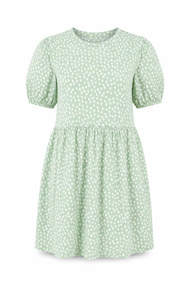 Front view of Stradivarius women’s green polka dot polyester a-line, size L, round neck pullover