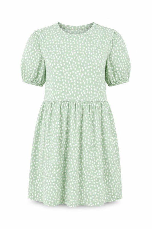 Front view of Stradivarius women’s green polka dot polyester a-line, size L, round neck pullover