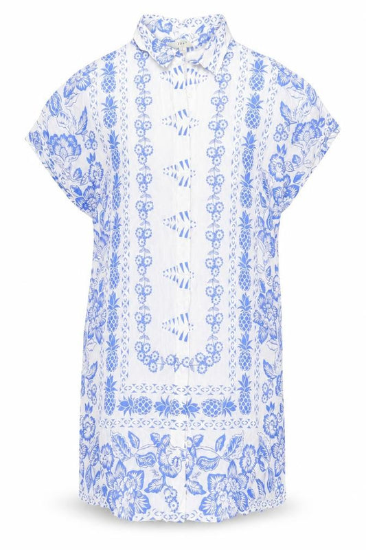 Front view of Next women’s blue geometric cotton shirt dress, size UK 8, collared button