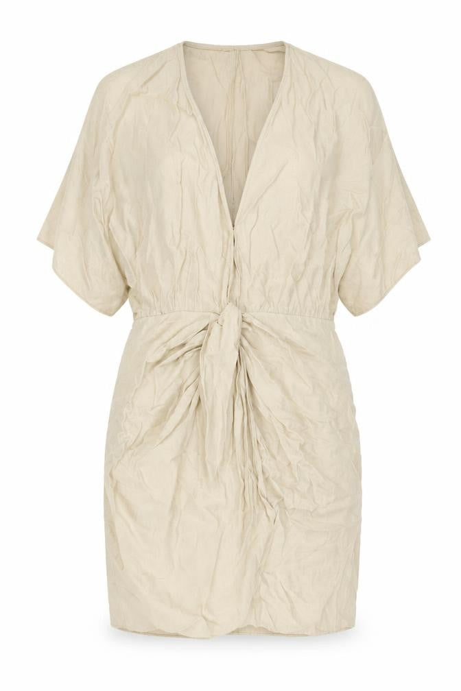 Front view of H&M women’s beige viscose mini, size M, v-neck hook & eye