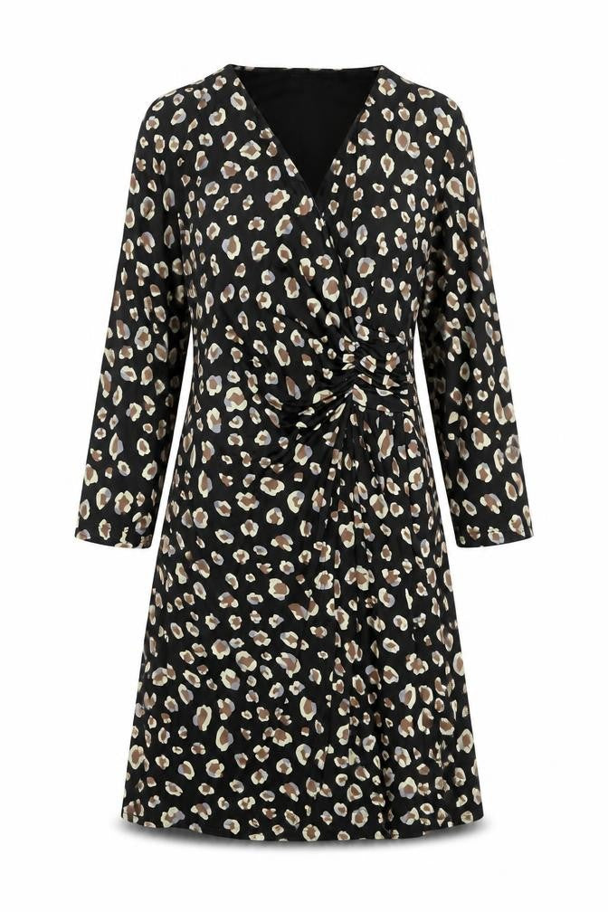 Front view of Marisa & Marie women’s black animal print polyester a-line, size M, v-neck pullover