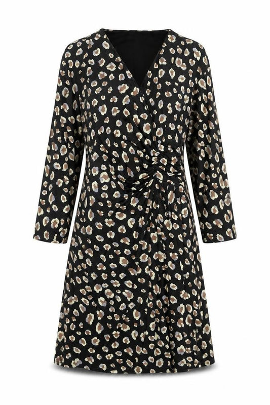 Front view of Marisa & Marie women’s black animal print polyester a-line, size M, v-neck pullover