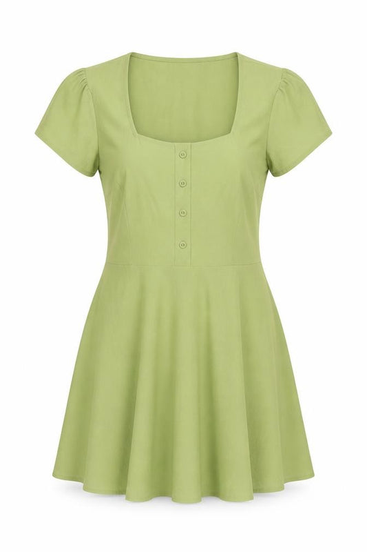 Front view of Dancing Leopard women’s green polyester a-line, size UK 12, square neck pullover