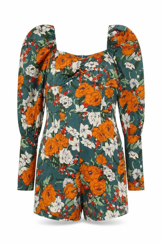 Front view of Boohoo women’s multicoloured floral polyester playsuit one-piece, size UK 8, zip