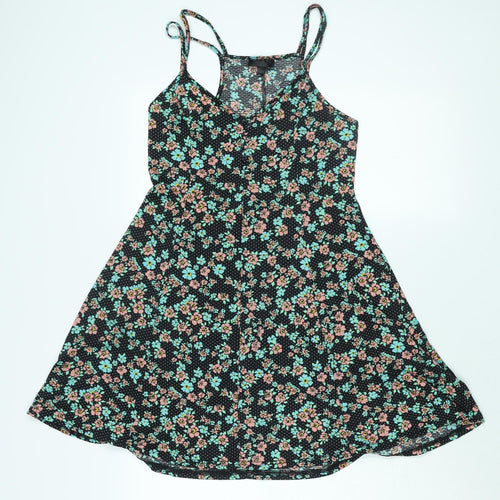 Topshop Womens Black Floral Polyester A-Line Size 10 Scoop Neck Button