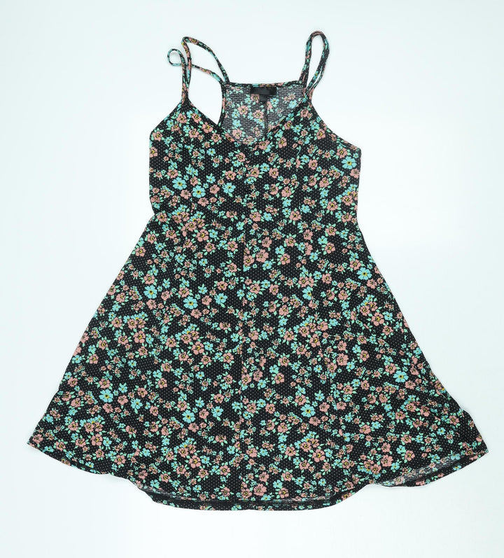 Topshop Womens Black Floral Polyester A-Line Size 10 Scoop Neck Button