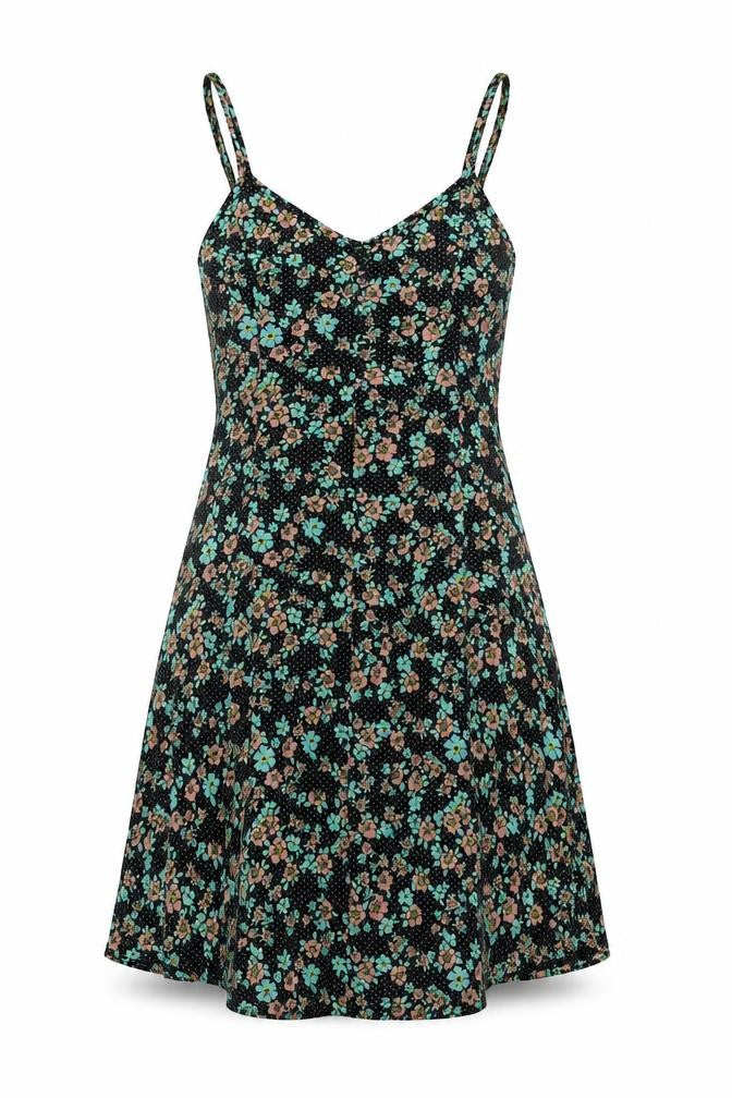 Front view of Topshop women’s black floral polyester a-line, size UK 10, scoop neck button