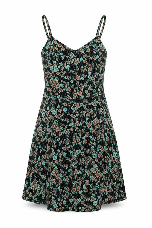 Front view of Topshop women’s black floral polyester a-line, size UK 10, scoop neck button