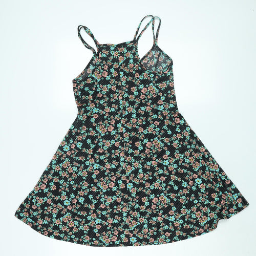 Topshop Womens Black Floral Polyester A-Line Size 10 Scoop Neck Button