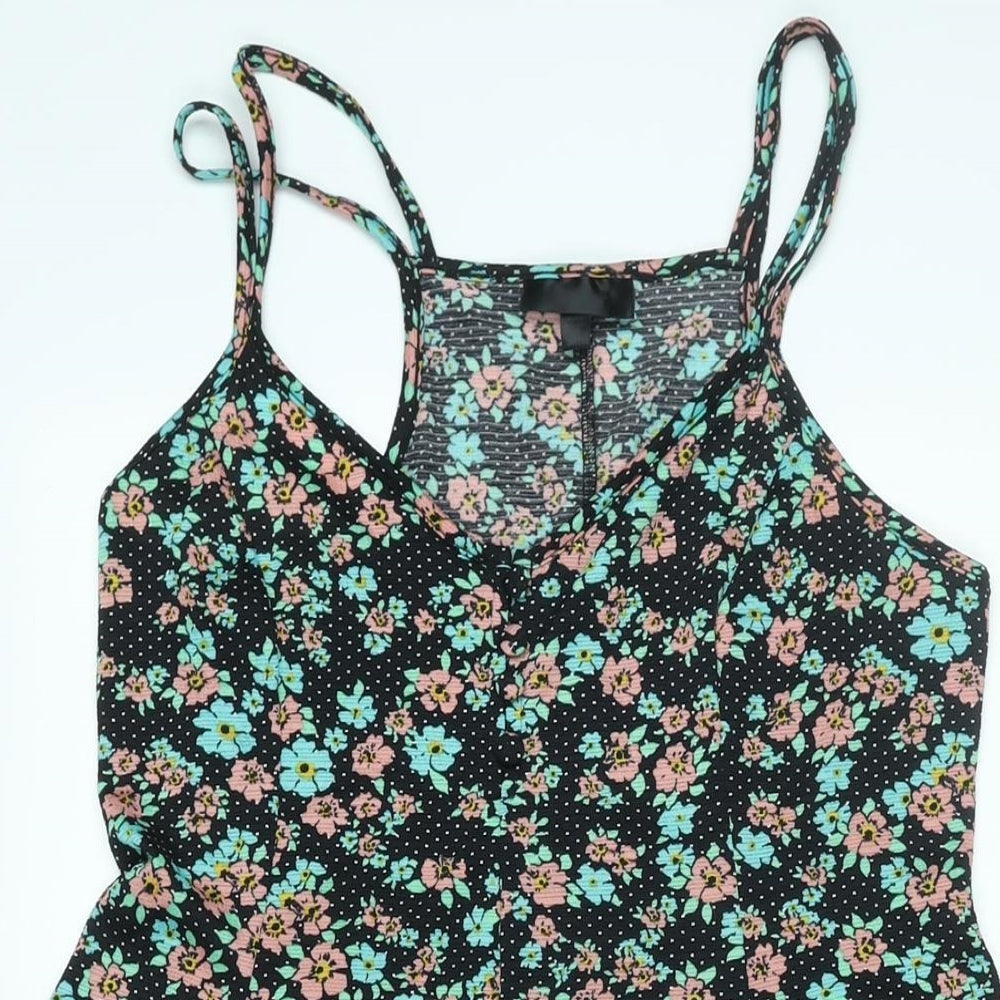 Topshop Womens Black Floral Polyester A-Line Size 10 Scoop Neck Button