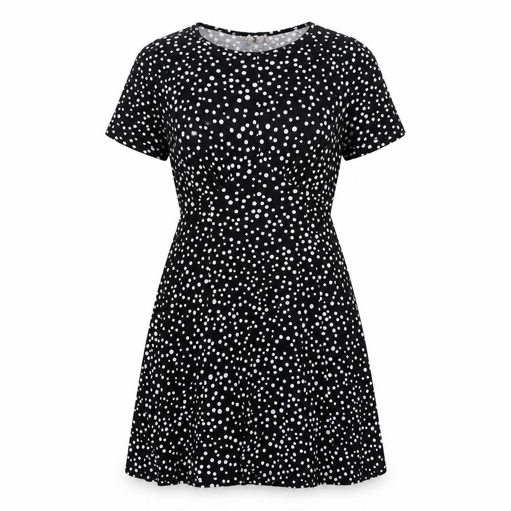 Front view of ASOS women’s black polka dot viscose a-line, size UK 10, round neck pullover