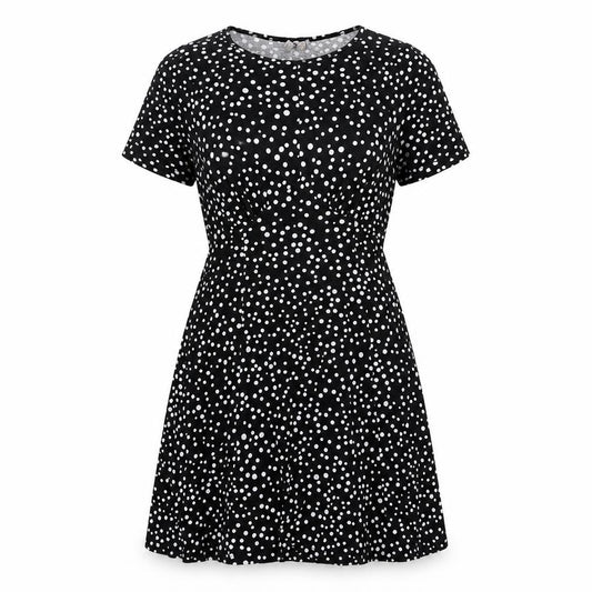 Front view of ASOS women’s black polka dot viscose a-line, size UK 10, round neck pullover