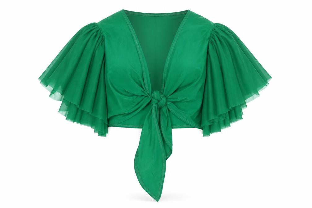Front view of Antthony women’s green polyester cropped blouse, size M, v-neck